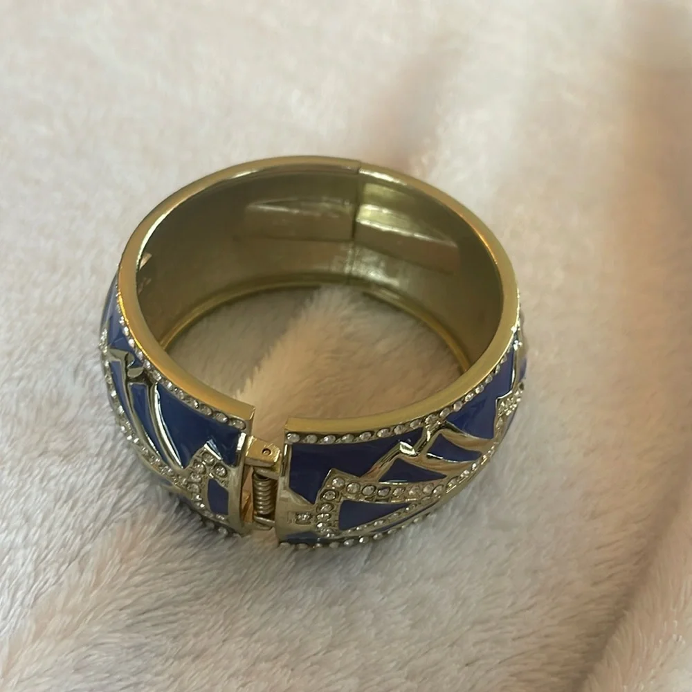 New Sequin enamel bangle bracelet art deco design blue and gold with rhinestones